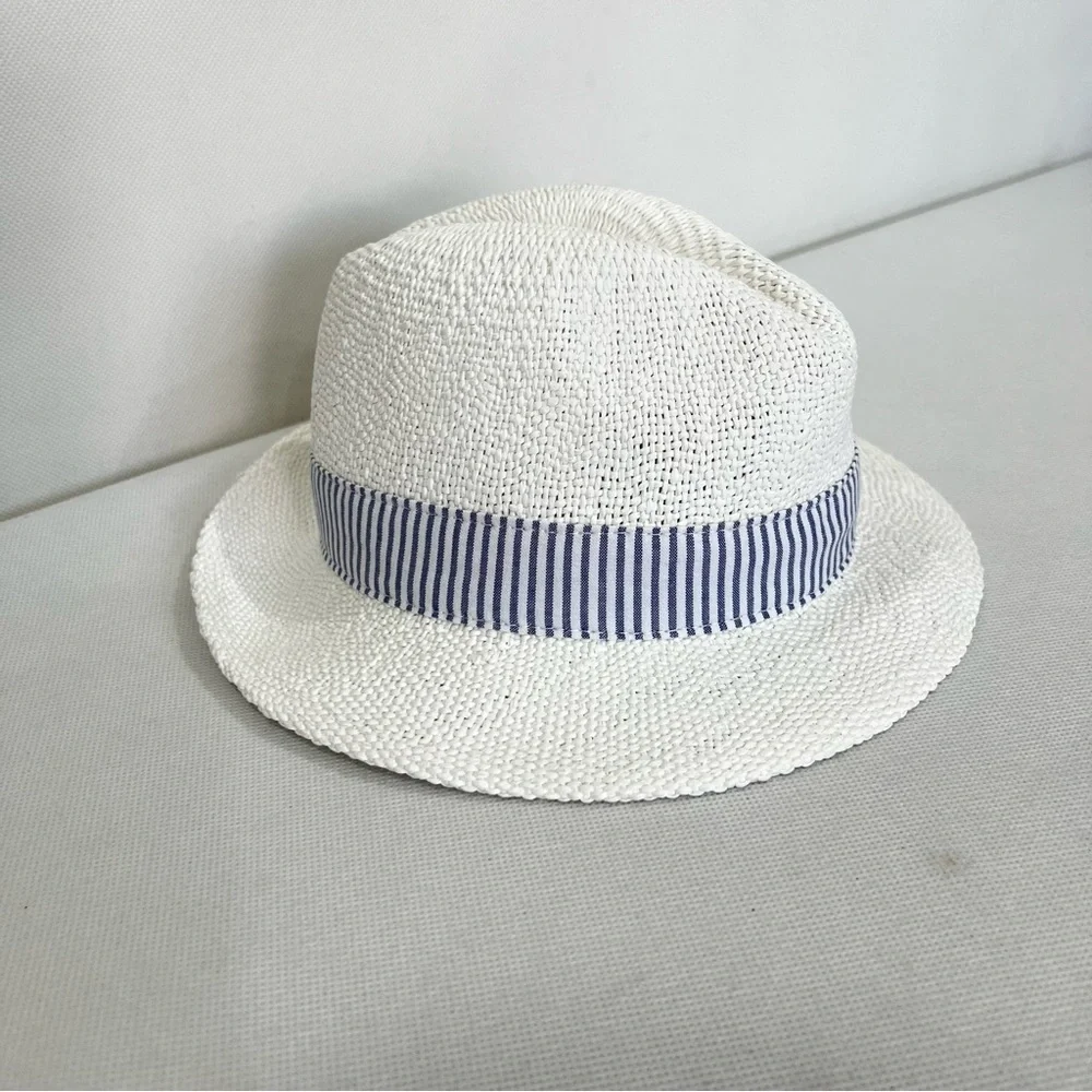 Janie And Jack Fedora Straw Hat Blue Striped Around Detail Kids Size 6-12 Months